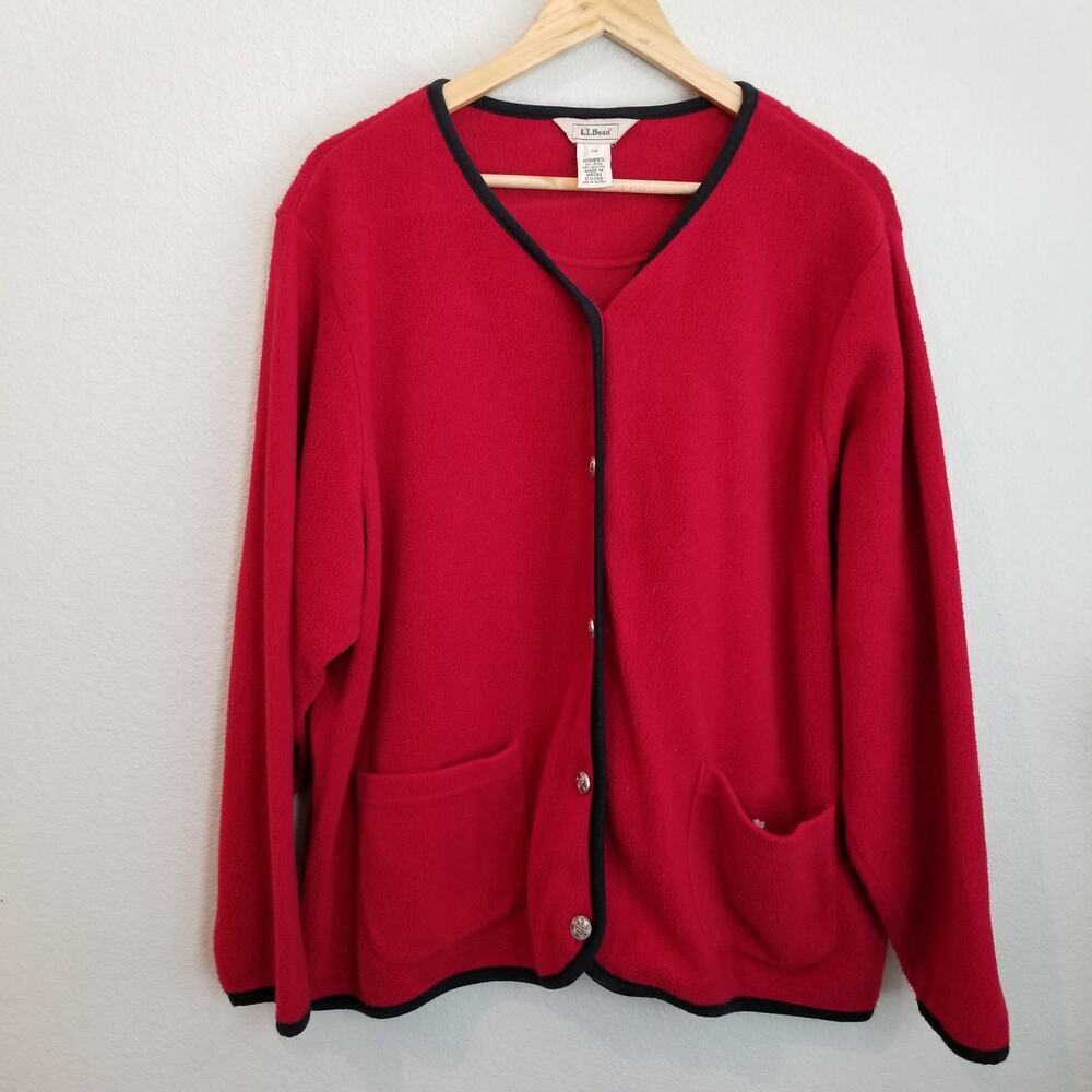 LL Beans Womens Fleece Button Up Long Sleeve Sweater Jacket Size 2X red v-neck